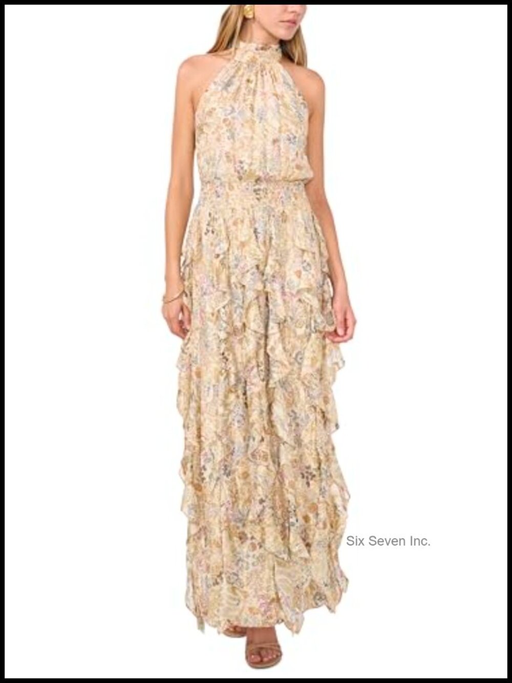 Sleeveless Cascading Maxi Dress Fully Lined Mock Neck Floral